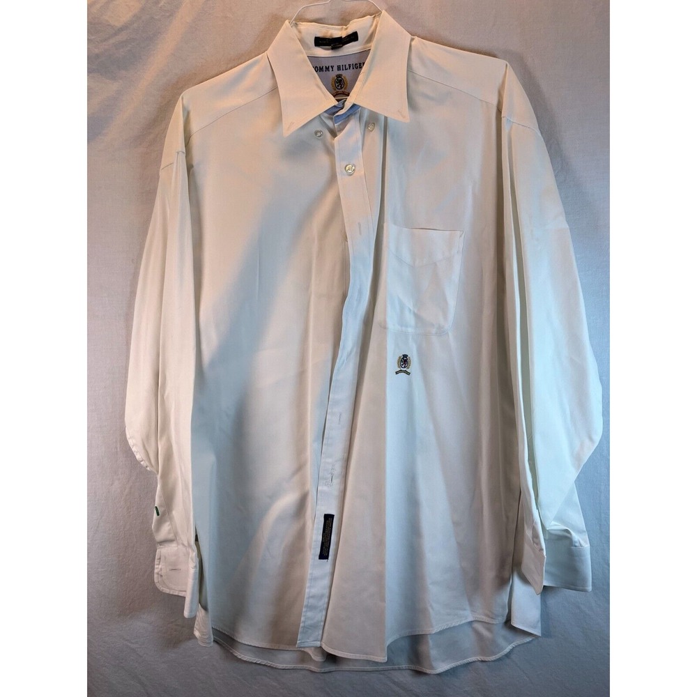 Vintage Tommy Hilfiger Dress Shirt Mens 17-35 White Button Up Chest Crest‎ Logo